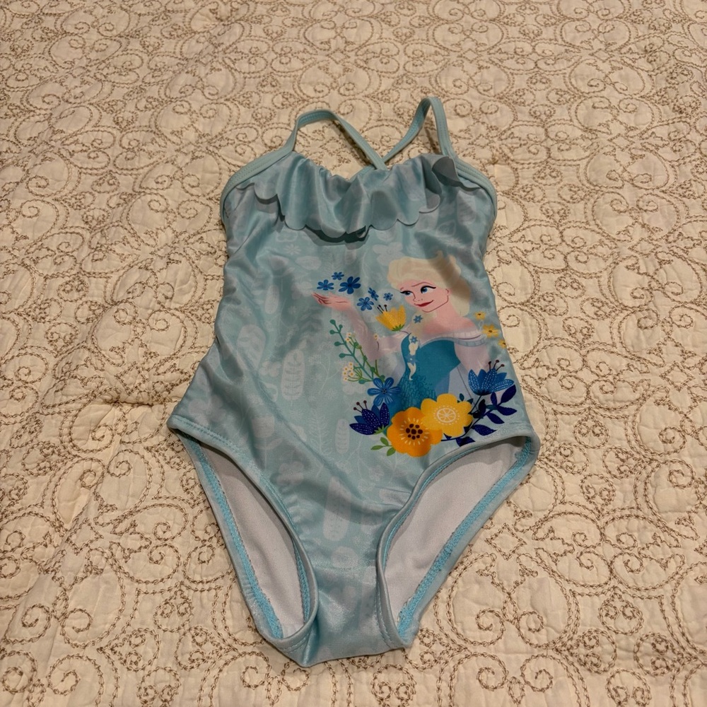 Disney Light Blue Elsa Floral Girls' One-Piece Swimsuit Size 2